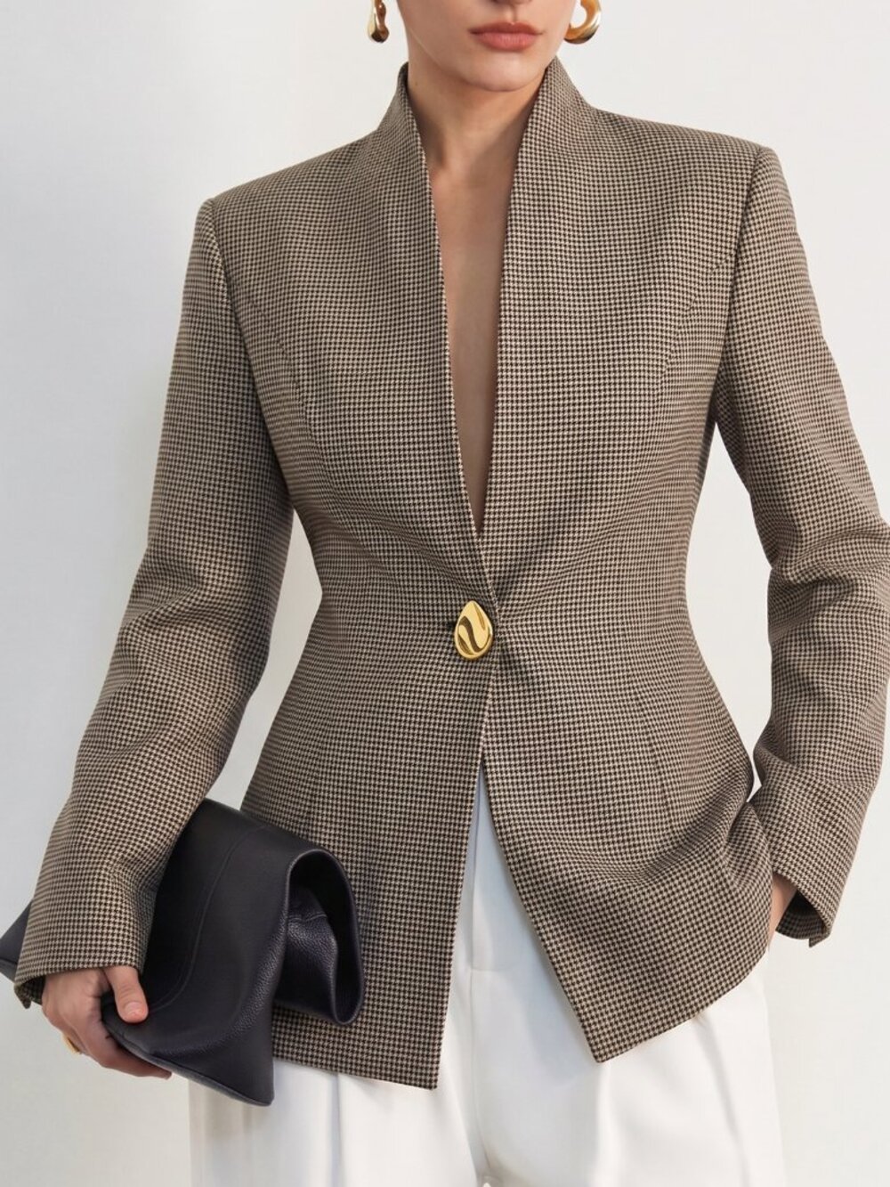 Multicolor Elegant Women's Regular Fit Stand Collar Button Lined Blazer - Picture 3 of 6